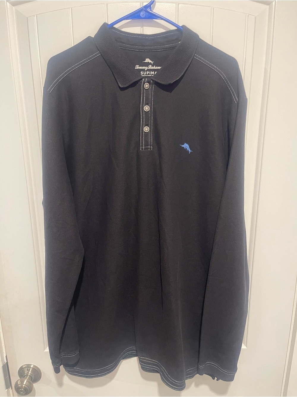 Tommy Bahama Black Long-Sleeve Supima Polo with Blue Marlin Logo